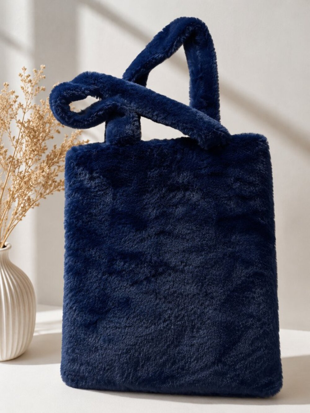 Large Cute Plush Shoulder Bag Blue Women Soft Fluffy Tote Cozy Handbag